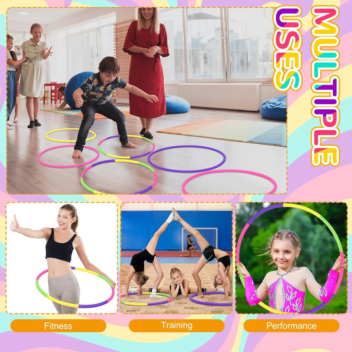 Syhood 12 piezas de juguete de color aro de plástico desmontable ajustable de peso ligero equipo de ejercicio fitness juguete anillo de cintura para fiesta de adultos, 3 tamaños (verde, rosa, amarillo