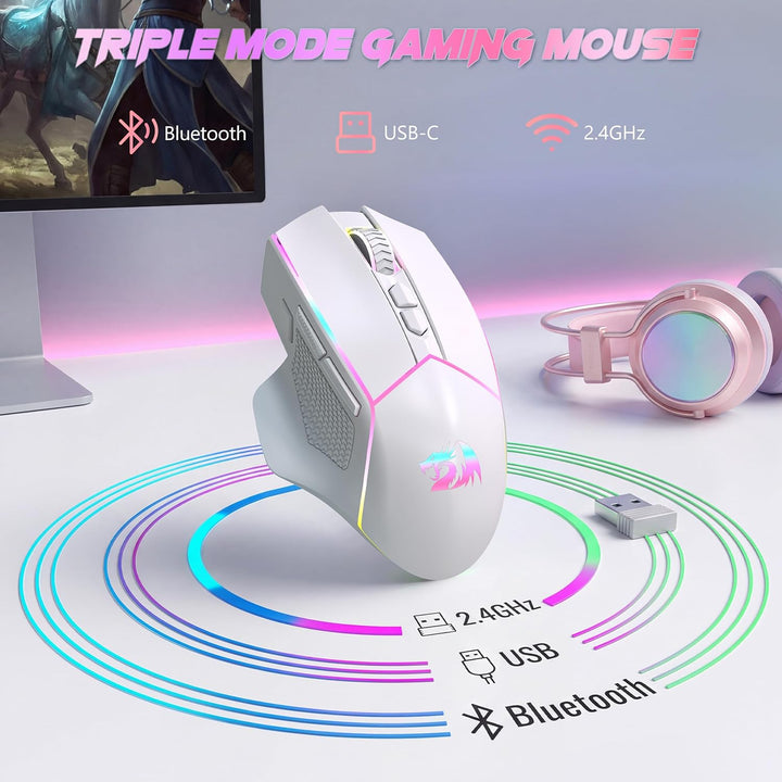 Redragon M814W - Ratón inalámbrico para juegos, trimodo 2.4G\/Bluet...