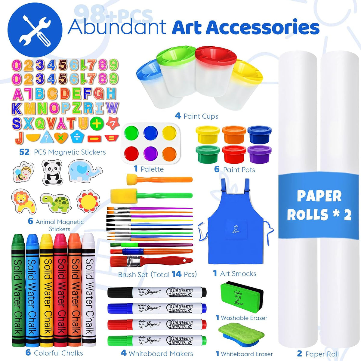Joyooss - Caballete de arte para niños, caballete de pie ajustable para niños con tablero magnético y pizarra, pizarra magnética para niños, caballete de arte con 2 rollos de papel, pinturas para