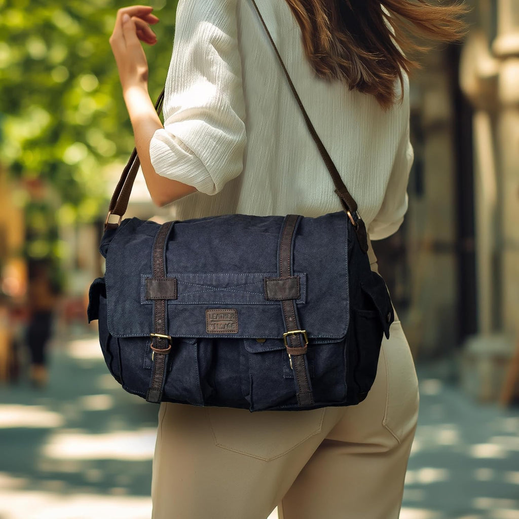 Bolsa bandolera de hombro de lona LEATHER VILLAGE para hombres y mujeres – Elegante bandolera estilo mochila para oficina, viajes y uso diario