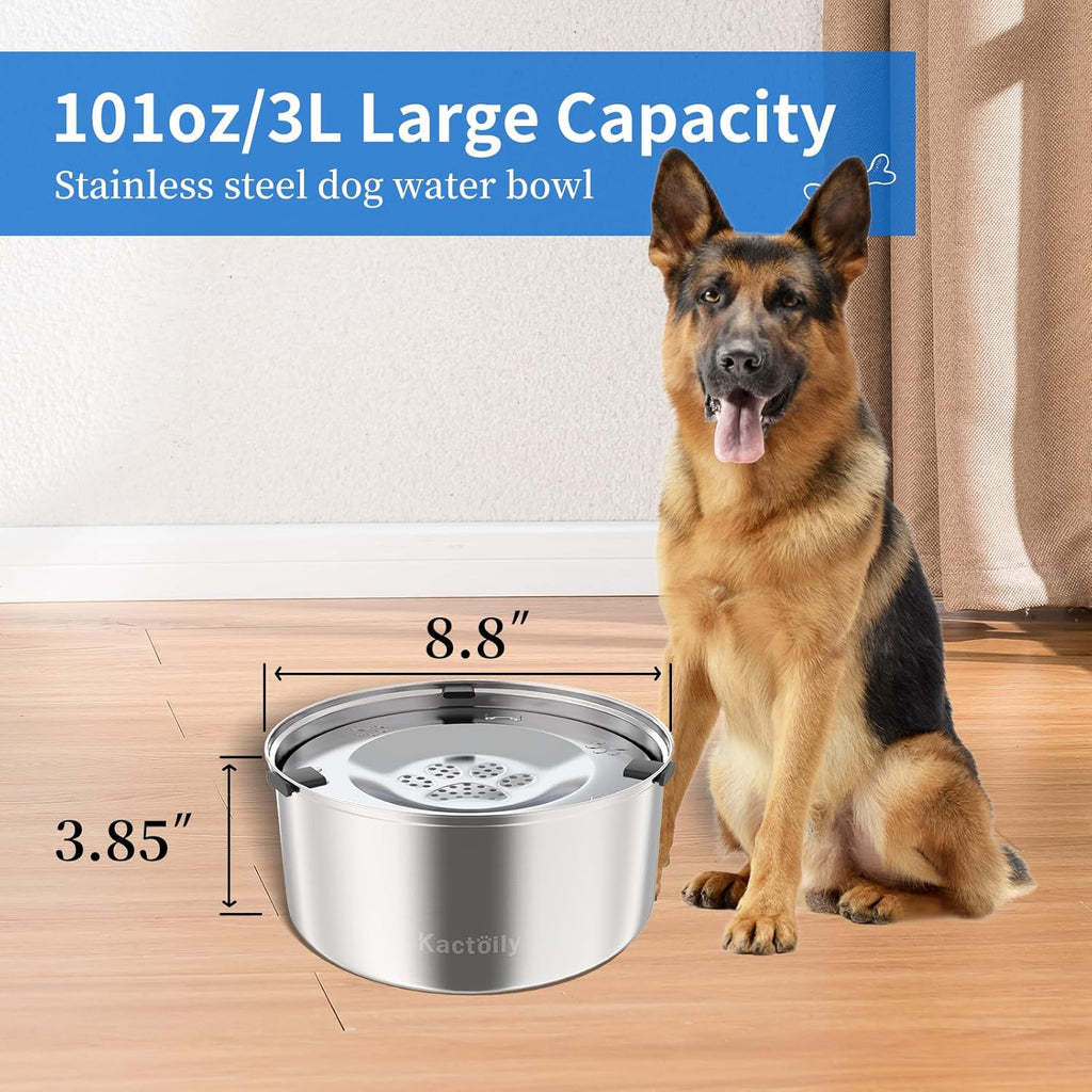 Tazón de agua para perros de gran capacidad de 3L/101oz en acero inoxidable, sin derrames, comedero para perros con dispensador de agua para beber lento