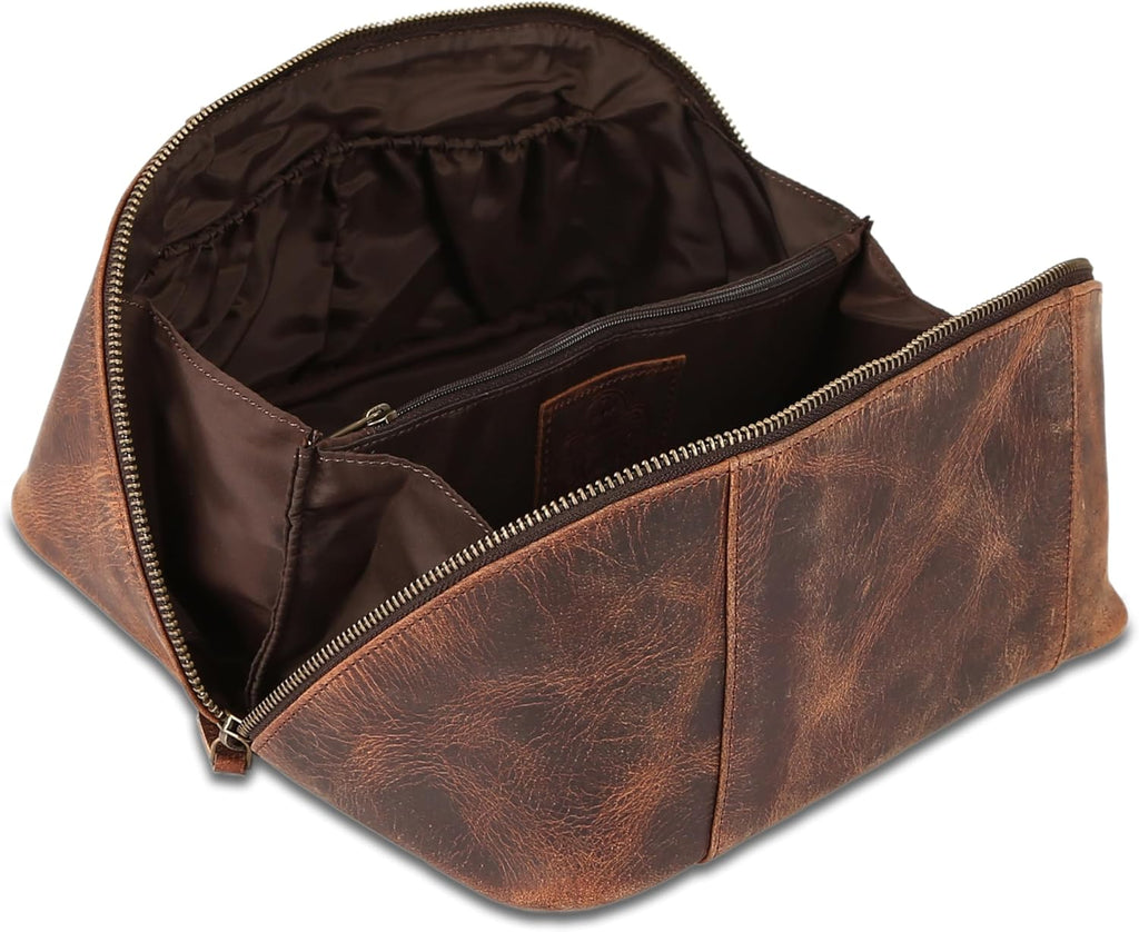KomalC Bolsa de viaje de cuero de lujo para hombre, kit de afeitado hecho a mano con amplio almacenamiento y asa de transporte, bolsa de viaje de cuero para hombres y mujeres (marrón oscuro)
