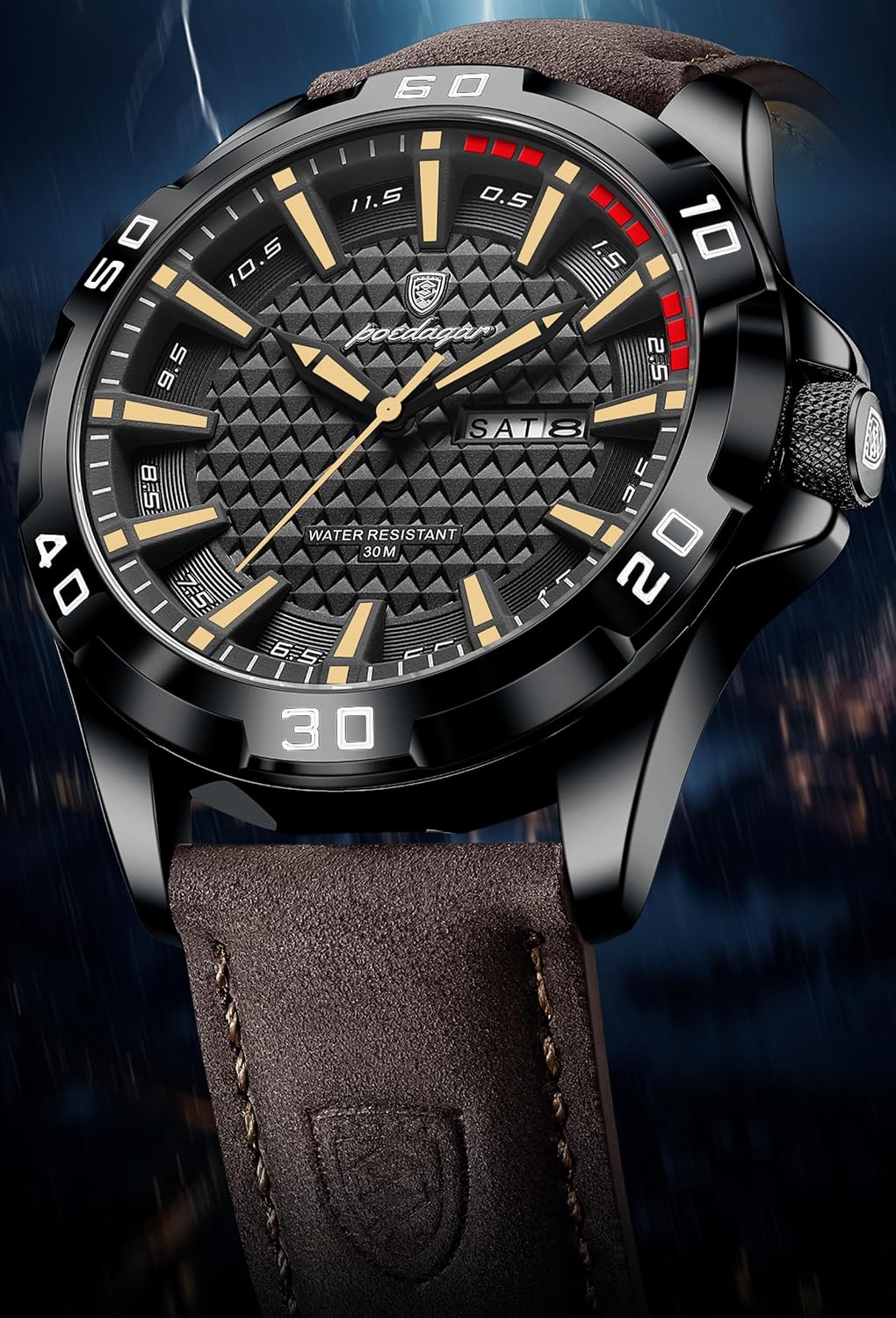 Poedagar Reloj de pulsera para hombre, de lujo, impermeable, luminoso, con fecha, para la semana, para negocios, esfera grande, de cuarzo, deportivo, de cuero, para hombre