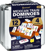 Queensell Juego de dominó de tren mexicano con números y 4 soportes, cubo de madera y soportes de dominó, doble 12 con números (números D12 + 4 soportes)