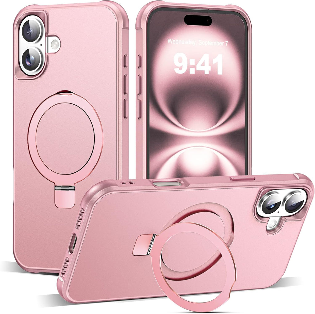 SKYLMW Compatible con iPhone 16 Funda con Soporte Magnético Invisible de Anillo O Funda de Grado Militar para iPhone 16 6.1" [Compatible con Mag-Safe][Gran Sensación de Agarre], Oro Rosa
