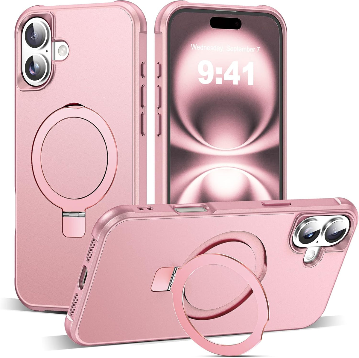 SKYLMW Compatible con iPhone 16 Funda con Soporte Magnético Invisible de Anillo O Funda de Grado Militar para iPhone 16 6.1" [Compatible con Mag-Safe][Gran Sensación de Agarre], Oro Rosa