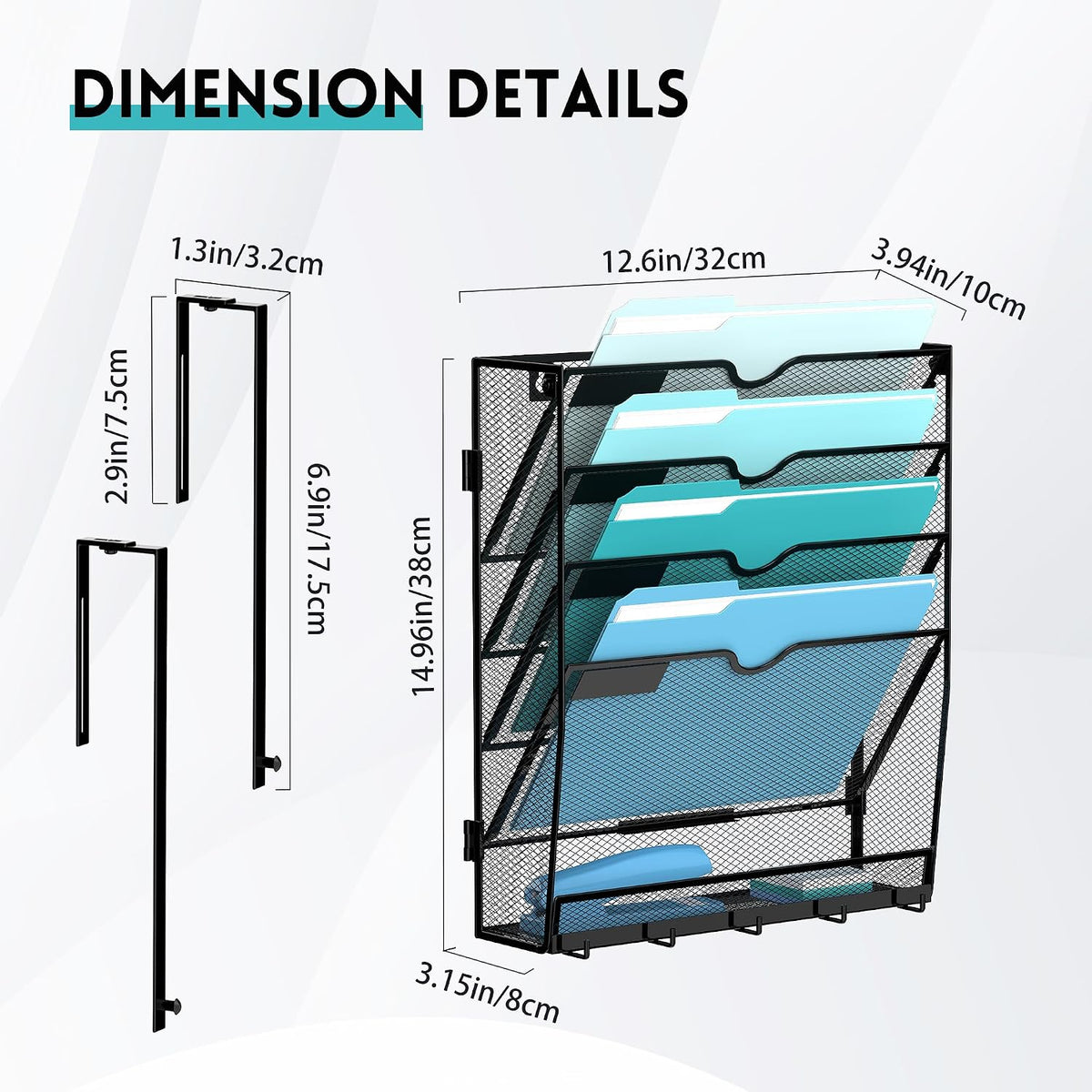 Organizador de archivos de pared de 5 niveles, soporte de metal con ganchos en la base