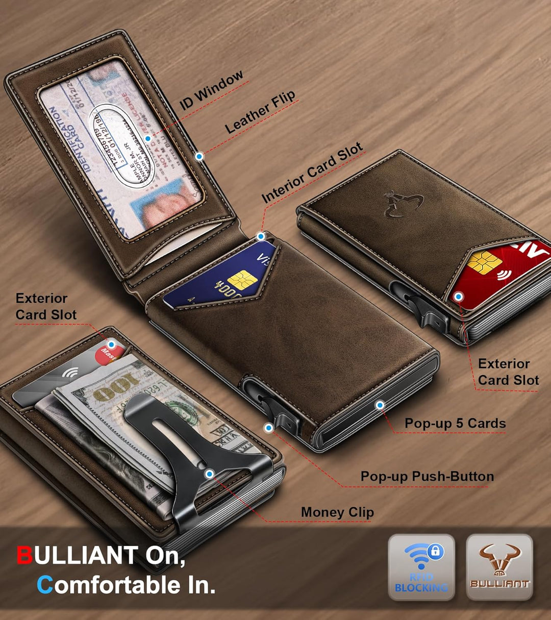 Cartera BULLIANT para hombre, cartera con clip de dinero delgada pa...