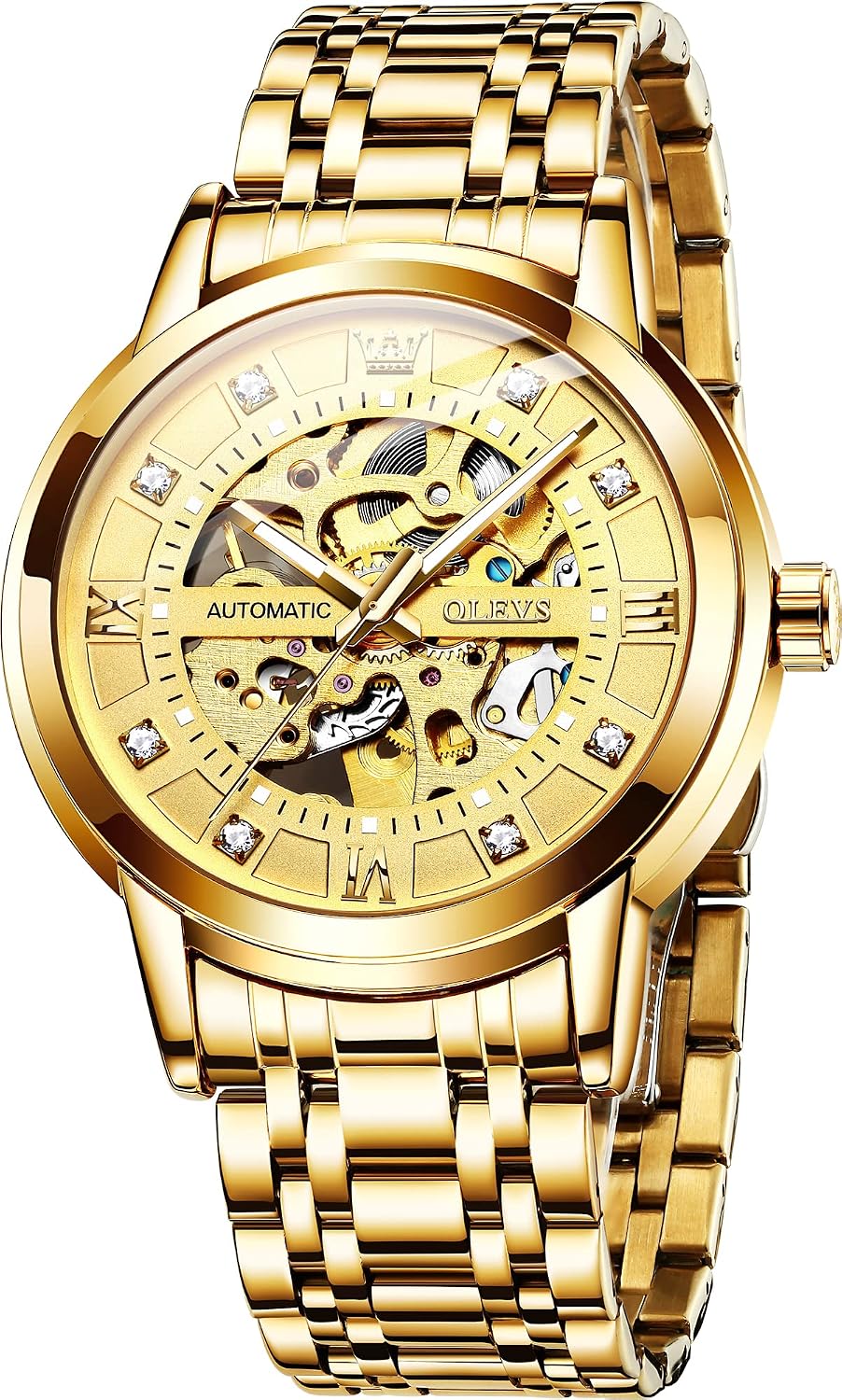 Reloj mecánico automático para hombre OLEVS Gold Skeleton, autoviento, de lujo para vestir, brillante con diamantes, acero inoxidable, resistente al agua, luminoso, de pulsera