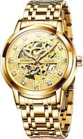 Reloj mecánico automático para hombre OLEVS Gold Skeleton, autoviento, de lujo para vestir, brillante con diamantes, acero inoxidable, resistente al agua, luminoso, de pulsera
