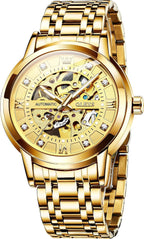 Reloj mecánico automático para hombre OLEVS Gold Skeleton, autoviento, de lujo para vestir, brillante con diamantes, acero inoxidable, resistente al agua, luminoso, de pulsera