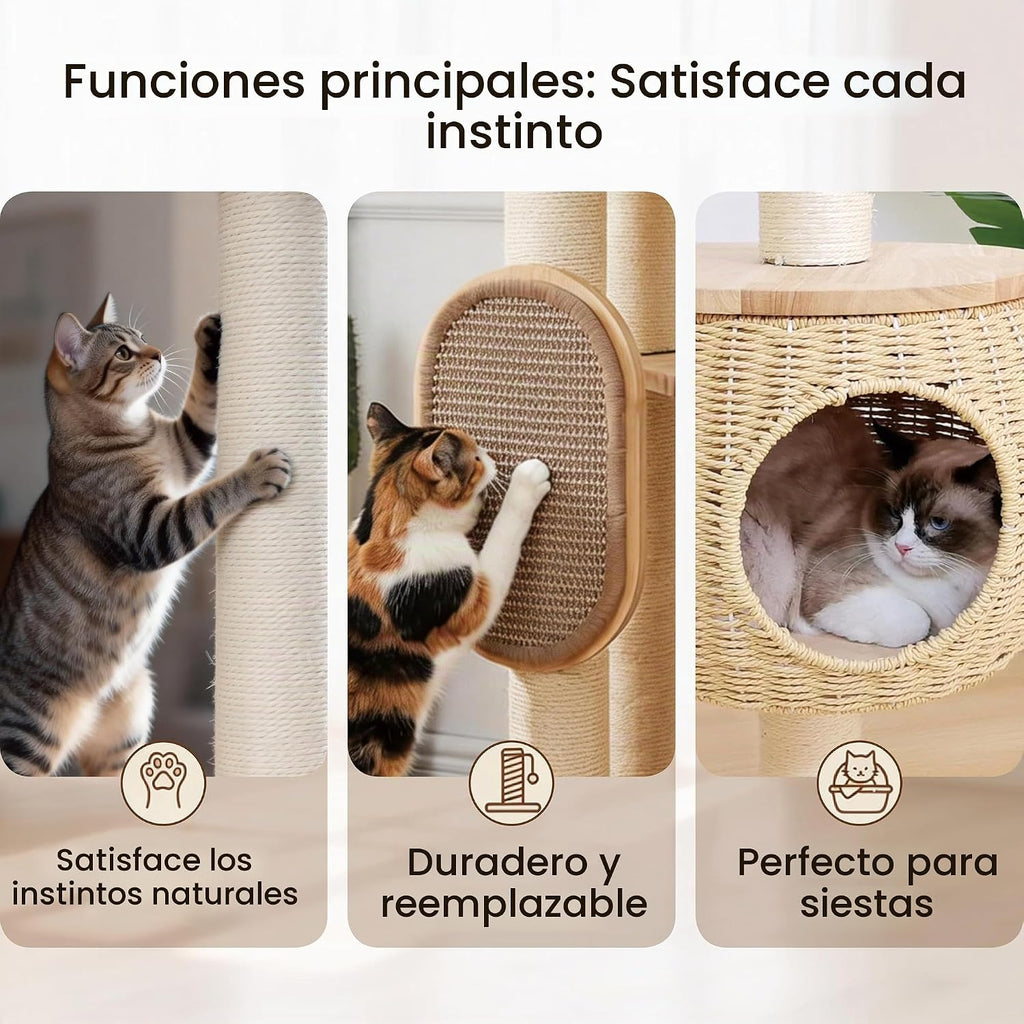 Árbol de gato moderno, torre para gatos con poste rascador, nidos y cestas de calabaza tejidas a mano, manta de sisal