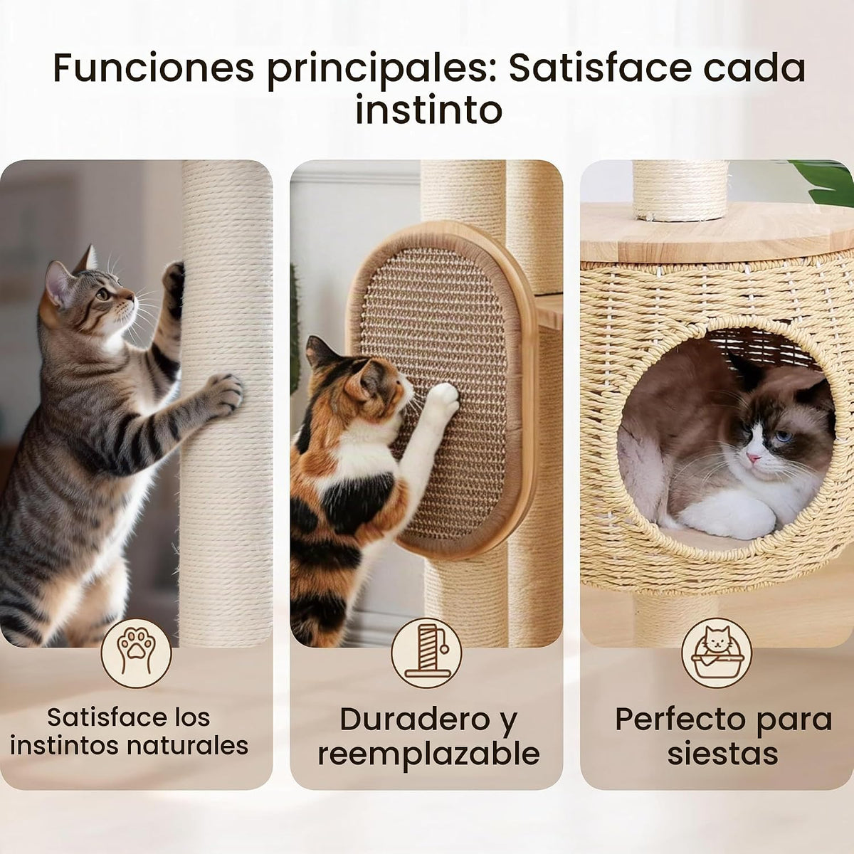 Árbol de gato moderno, torre para gatos con poste rascador, nidos y cestas de calabaza tejidas a mano, manta de sisal
