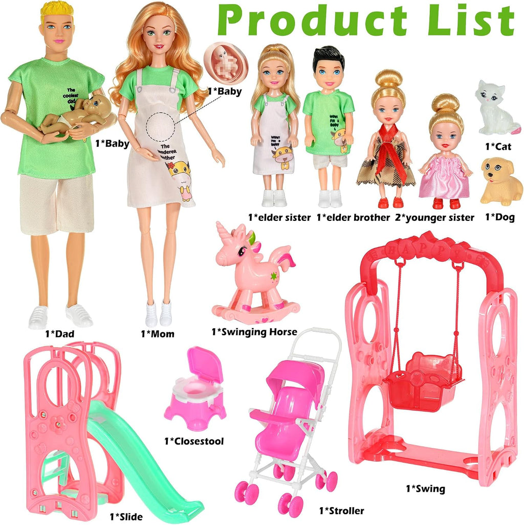 ebuddy Juego de muñecas familiares con tobogán, columpio y cochecito de bebé - 7 personas, mascotas y accesorios para regalo de niños pequeños de 3 a 12 años