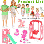 ebuddy Juego de muñecas familiares con tobogán, columpio y cochecito de bebé - 7 personas, mascotas y accesorios para regalo de niños pequeños de 3 a 12 años