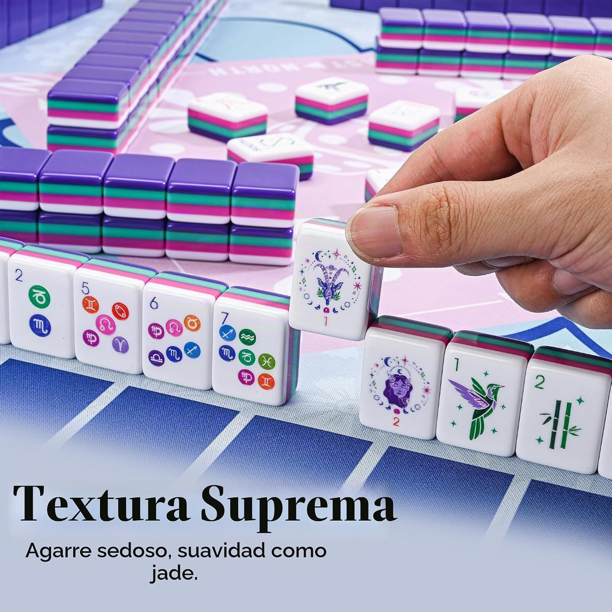 Juego de 160 azulejos de Mahjong americanos solamente, azulejos del zodiaco de 4 capas, diseño patentado de I+D hecho a medida para viajes de juego en casa (sin estuche ni chips)