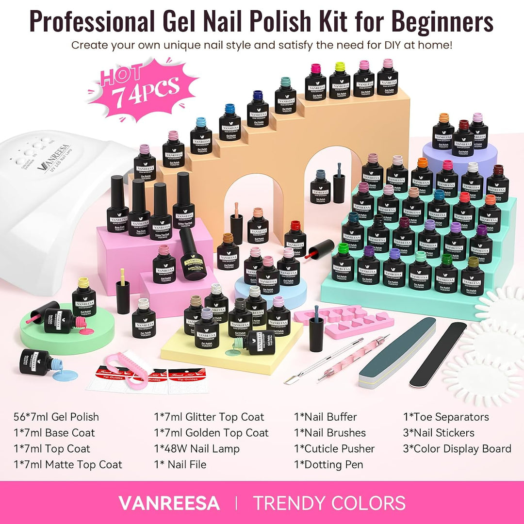 VANREESA Kit de esmalte de uñas de gel con luz UV, 74 piezas, juego...
