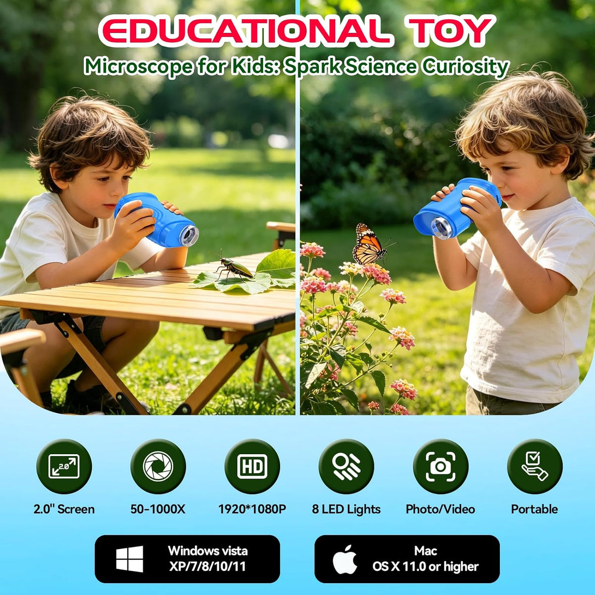 Microscopio digital de mano 1000X para niños, explora juguetes y regalos de laboratorio científico STEM, lupa Edu 4K de 2.0 pulgadas, cámara de microscopio portátil para niños y niñas, juguete de
