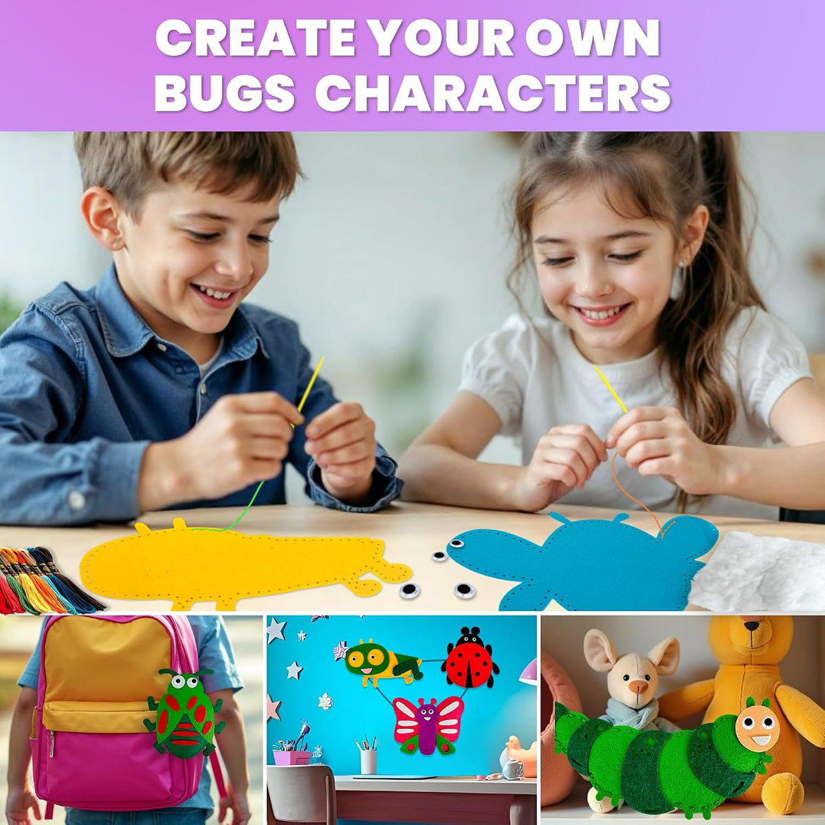 QUOKKA Manualidades para Niños de 4 a 8 años, Kit de Principiante de Costura DIY con Aguja e Hilo - Kit de Costura de 12 Insectos y Bichos Básico - Manualidades Artísticas Divertidas para Niños de 6 a