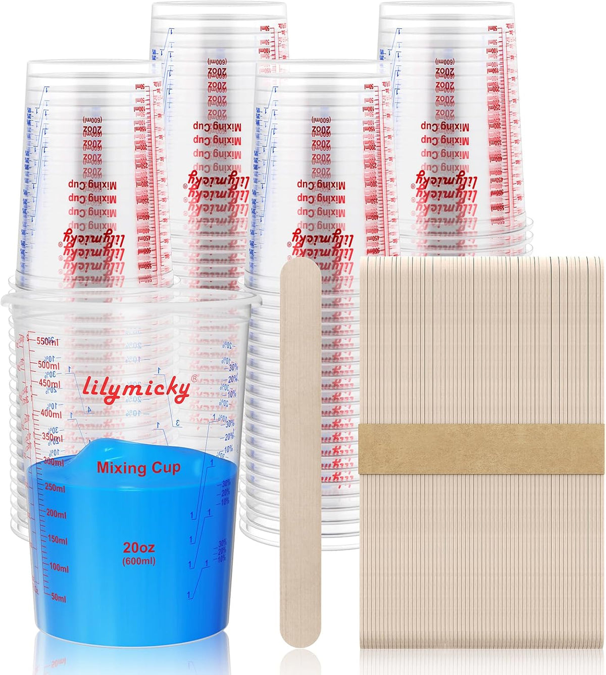 Paquete de 100 vasos de plástico para mezclar, 20 oz (600ml), vasos medidores desechables con 50 varillas de mezcla de madera, relaciones de medición: 2:1, 3:1, 4:1, adecuado para resina epoxi