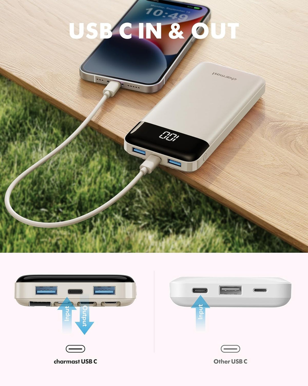 Charmast Cargador portátil con cables incorporados, banco de energí...