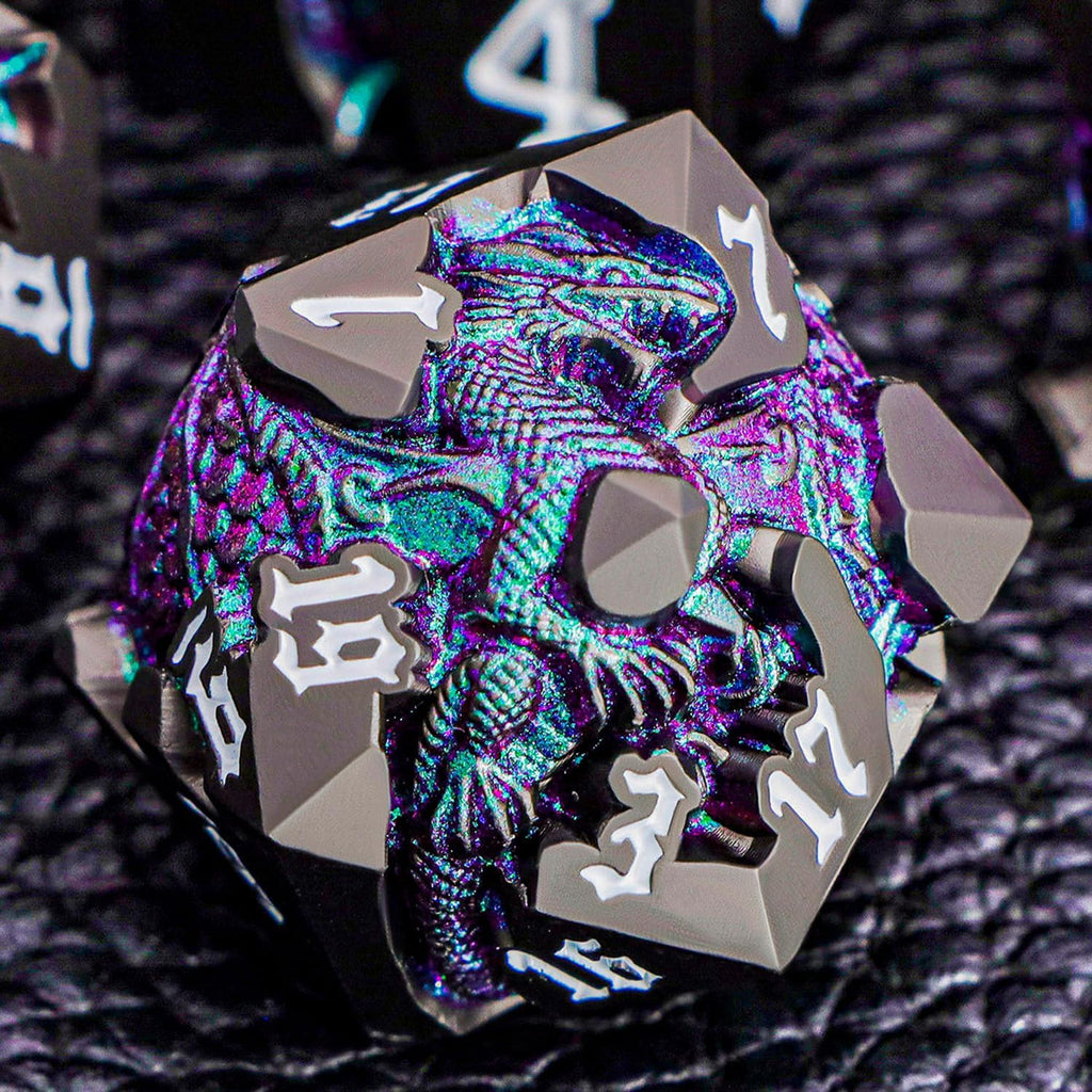 Juego de dados DND de dragones 3D con caja de regalo, dados D y D de metal para uso con juegos de rol D&D, juego de dados poliédricos de mazmorras D20 D12 D10 D8 D6 D4 (morado verde)