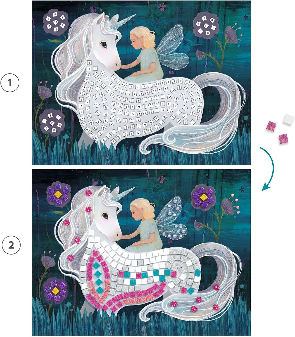 DJECO, Kit de mosaico para niños, mundo encantado, purpurina y diamantes de