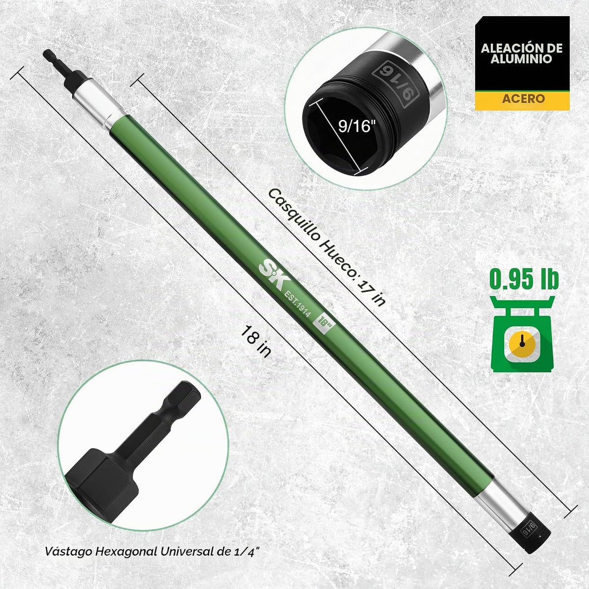 SK Destornillador de tuerca de impacto de 9/16 pulgadas, eje hueco de aluminio de 18 pulgadas de largo para pernos largos, diseño de resorte desplegable de giro libre, vástago hexagonal de 1/4