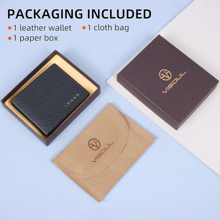 Cartera plegable de cuero VISOUL para hombre con bloqueo RFID y 2 v...