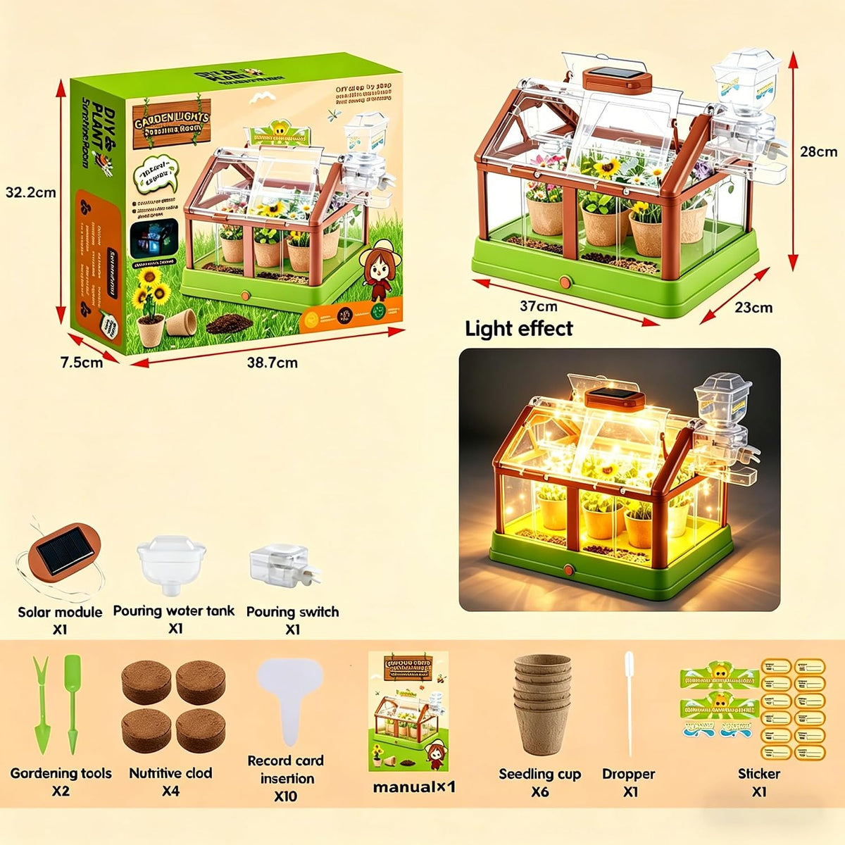 Kit de cultivo de plantas para niños, juego de terrario de invernadero, educativo, ciencia, bricolaje, jardín, invernadero, con panel solar, kit de jardinería interior