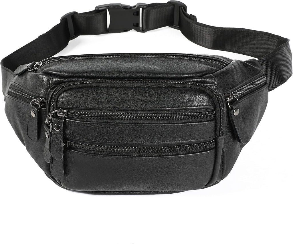 Riñonera de cuero negro para hombres y mujeres, bolsa de cintura de cuero genuino, bolsa de cinturón cruzada con correa ajustable para caminar, senderismo, ciclismo, Moda