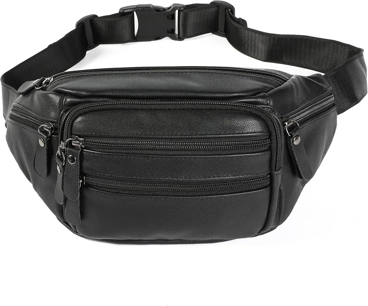 Riñonera de cuero negro para hombres y mujeres, bolsa de cintura de cuero genuino, bolsa de cinturón cruzada con correa ajustable para caminar, senderismo, ciclismo, Moda