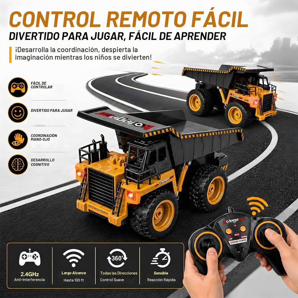 Camión de volcado a control remoto RC, vehículo de construcción, juguetes de camión con batería recargable para niños pequeños, niños y niñas