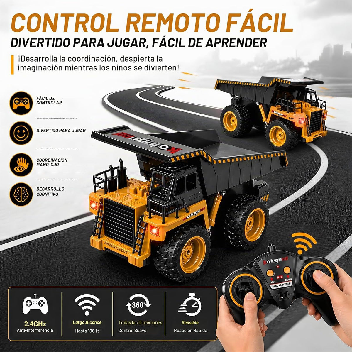 Camión de volcado a control remoto RC, vehículo de construcción, juguetes de camión con batería recargable para niños pequeños, niños y niñas