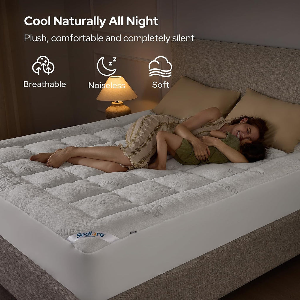 BEDLORE Cubrecolchón Queen de Viscosa Derivada de Bambú, Almohadilla Superior Gruesa (Pillow Top) para Colchón con Bolsillos Elásticos para Colchones de 6-18 Pulgadas, Cubrecolchón Suave y