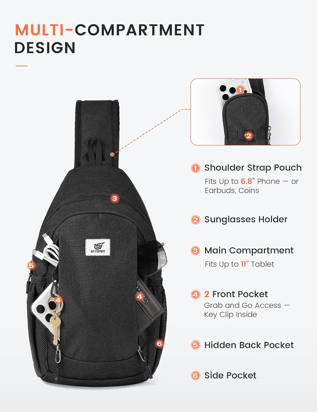 SKYSPER Bolso bandolera RFID bolso cruzado antirrobo bandolera mochila de viaje mochila de hombro, Negro, Bolso bandolera antirrobo