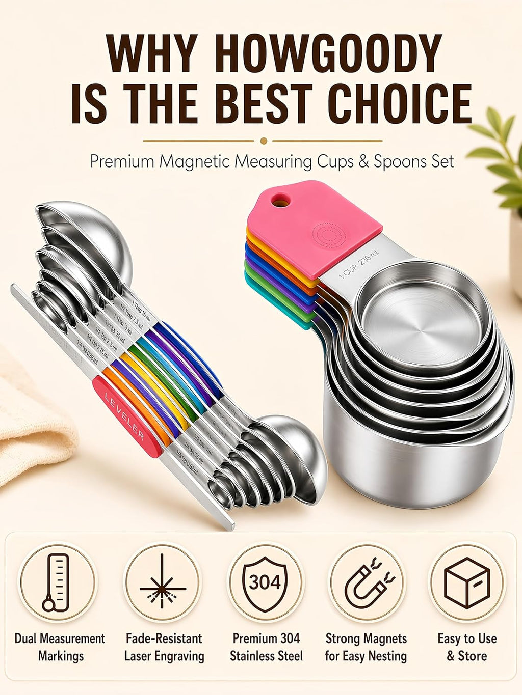 Juego de 15 tazas y cucharas medidoras magnéticas, de acero inoxidable 304, diseño fuerte N52 de anidación magnética con nivelador, para ingredientes secos y líquidos, apto para lavavajillas (colorido)