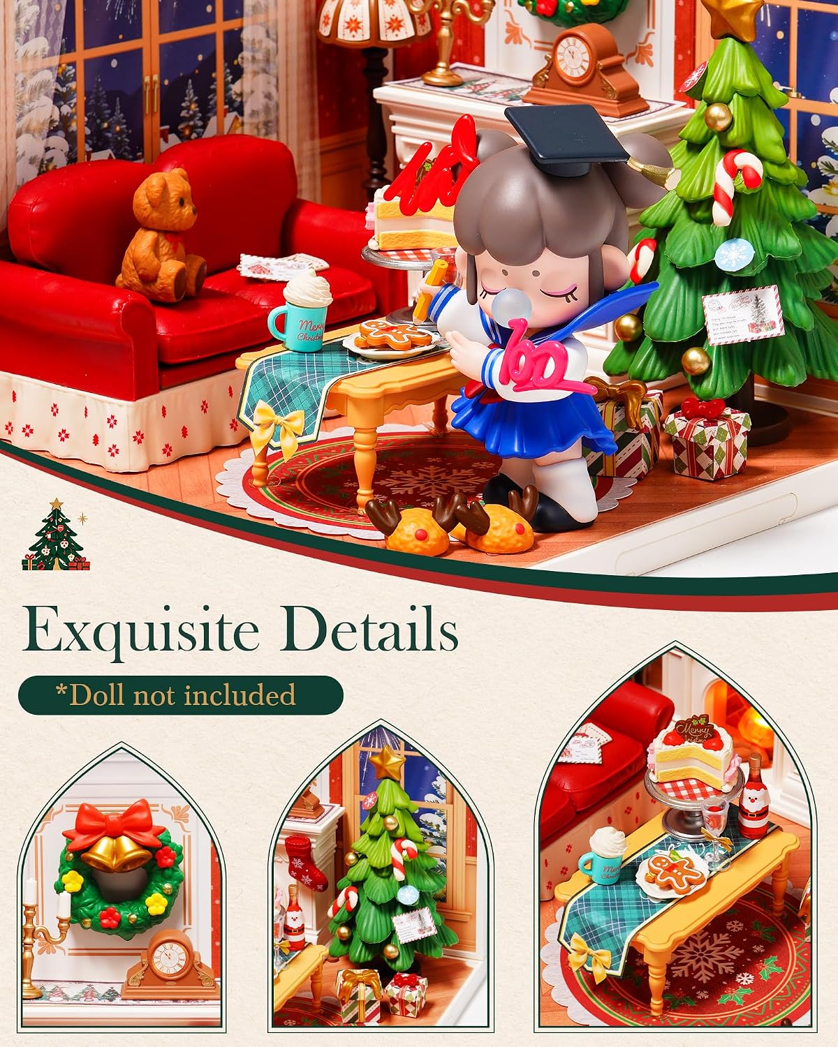 Rolife Super Creador de Navidad, casa en miniatura de plástico, juego de construcción con chimenea y árbol de Navidad, manualidades, pasatiempos, bloques de construcción