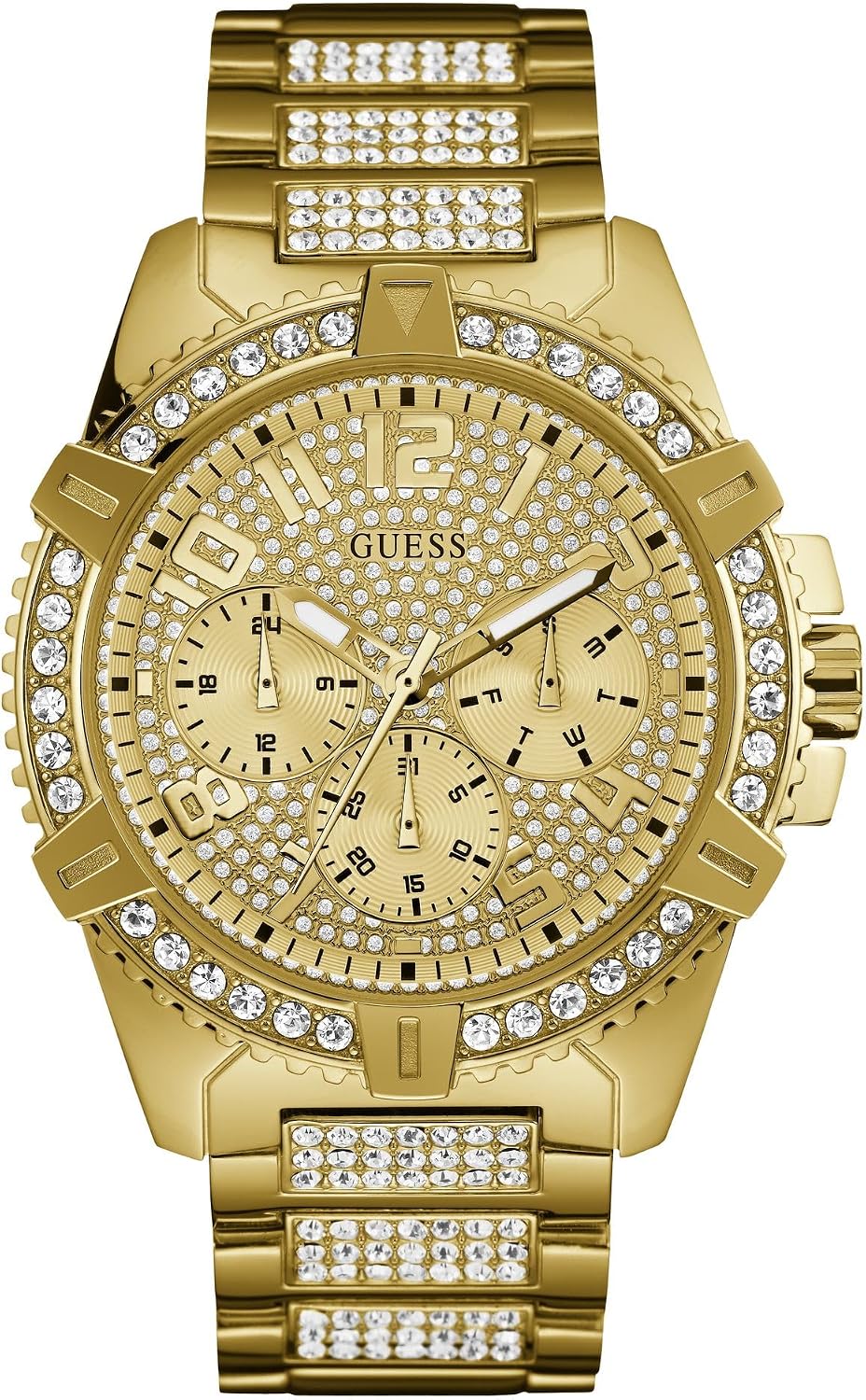 GUESS Reloj de pulsera de acero inoxidable dorado con cristal adornado con día