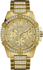 GUESS Reloj de pulsera de acero inoxidable dorado con cristal adornado con día