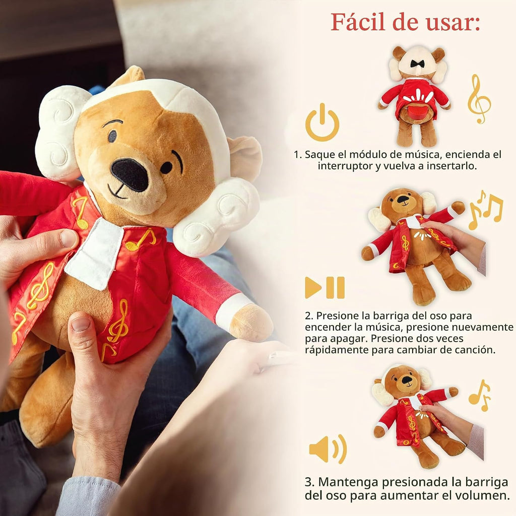 Amadeus Mozart Oso de Peluche – Reproduce 40 Minutos de Música Clásica, Oso de Peluche Interactivo Educativo y Tranquilizante para Bebés y Niños Pequeños, Perfecto