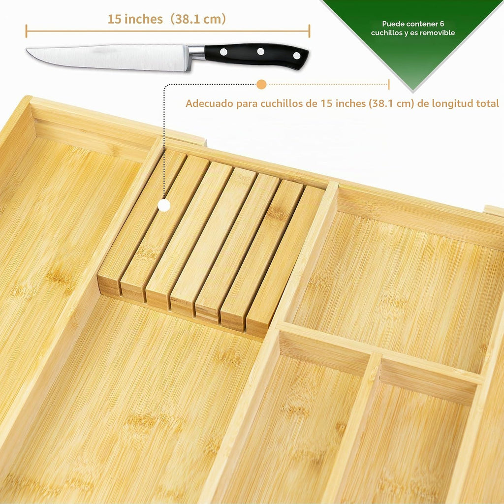 VaeFae Organizador de cajones de cubiertos de bambú, 6 ranuras, natural