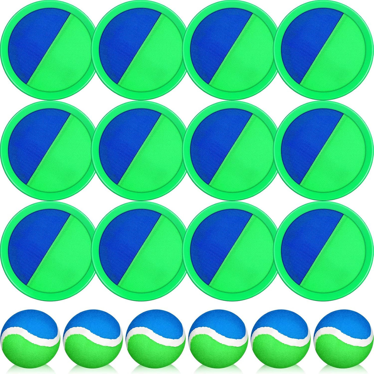 Charniol Juego de lanzar y atrapar para niños, verde y azul, 12 paletas y 6