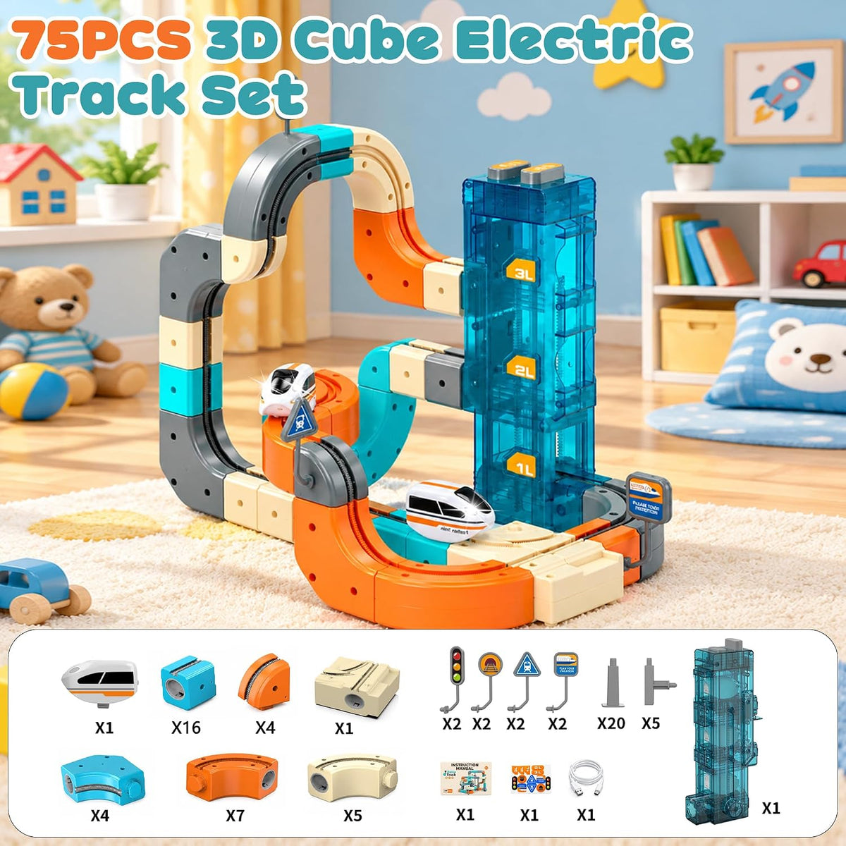 Juego de tren eléctrico, 75 piezas de cubo 3D que desafía la gravedad de
