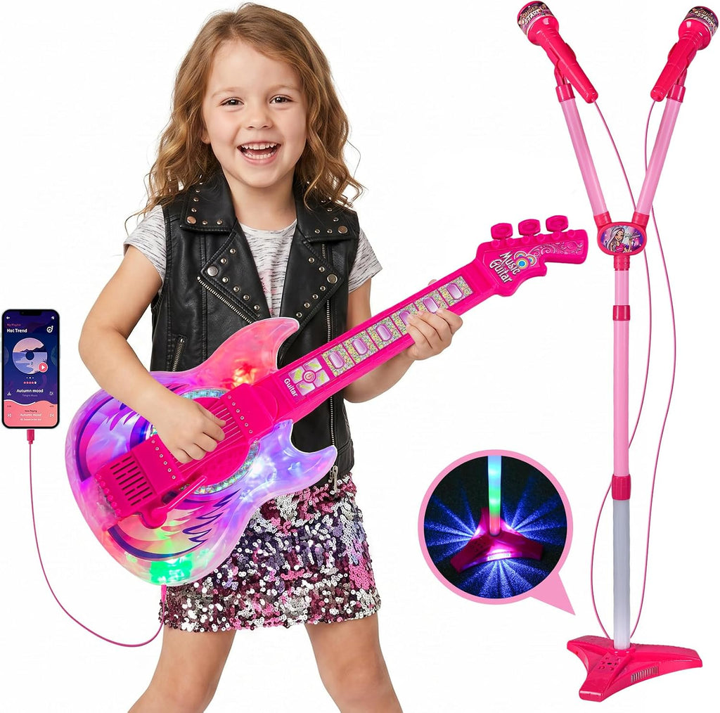 Juego de guitarra y micrófono para niños, 2 micrófonos amplificadores de voz con soporte brillante, juguete de música de karaoke con luz de escenario, regalo musical educativo para niños y niñas de 3