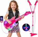 Juego de guitarra y micrófono para niños, 2 micrófonos amplificadores de voz con soporte brillante, juguete de música de karaoke con luz de escenario, regalo musical educativo para niños y niñas de 3