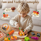Toyssa Juego de 40 piezas de alimentos de madera con estante de tienda de comestibles y juguetes de corte, accesorios de cocina para niños pequeños, agricultores educativos, regalos de juego de rol para niñas y niños de 3 a 7 años