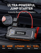 AstroAI S8 Ultra 12V 4000A Arrancador portátil de litio Hasta para todos los motores de gasolina/diésel 12L
