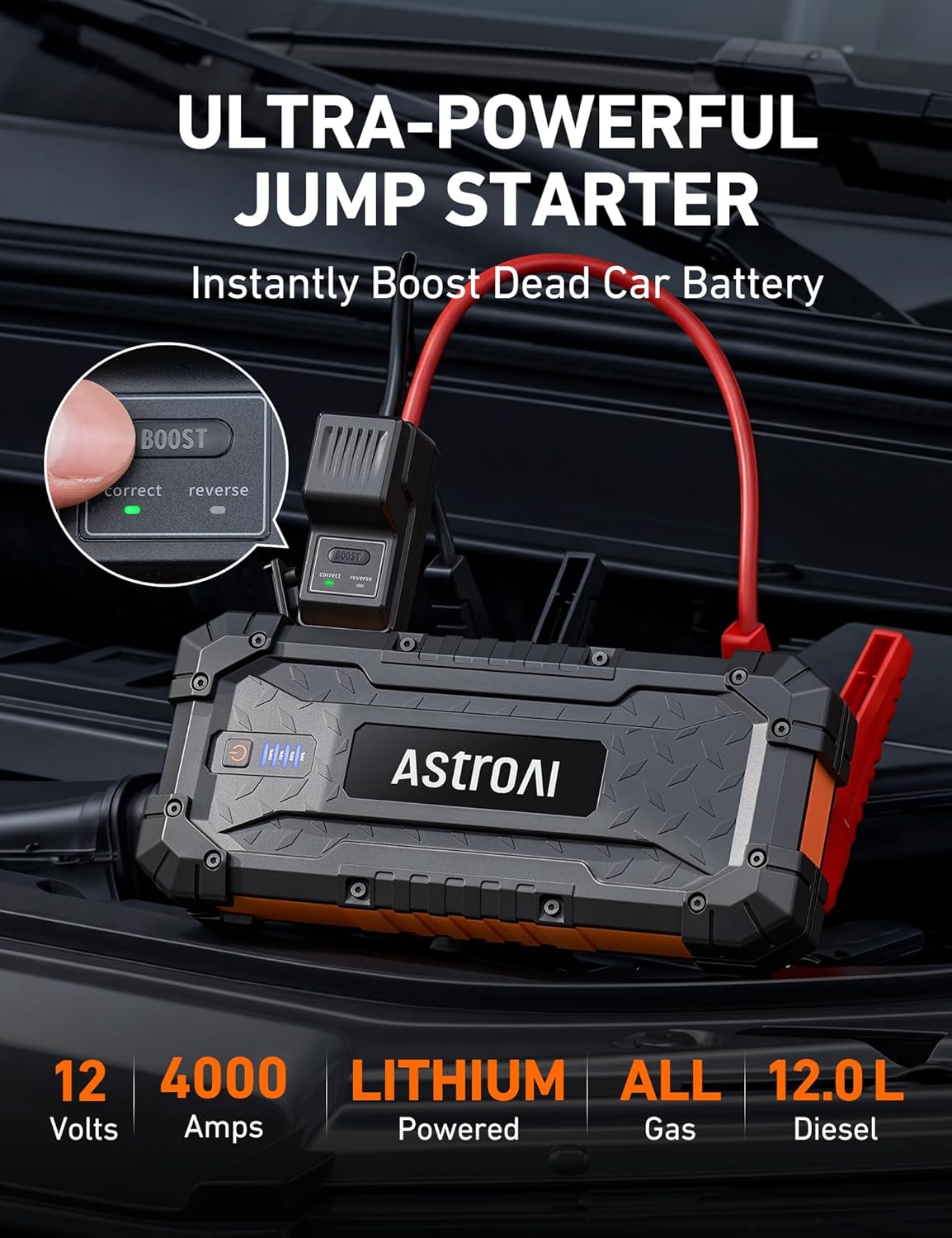 AstroAI S8 Ultra 12V 4000A Arrancador portátil de litio Hasta para todos los motores de gasolina/diésel 12L