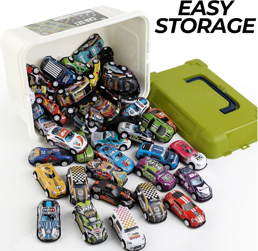 Liberty Imports Paquete de 50 autos de carreras para niños, a escala 1:64, vehículos de carreras de metal a granel en cubo de almacenamiento, recuerdos de fiesta, bolsas de regalo, premios de aula para niños y niñas pequeños